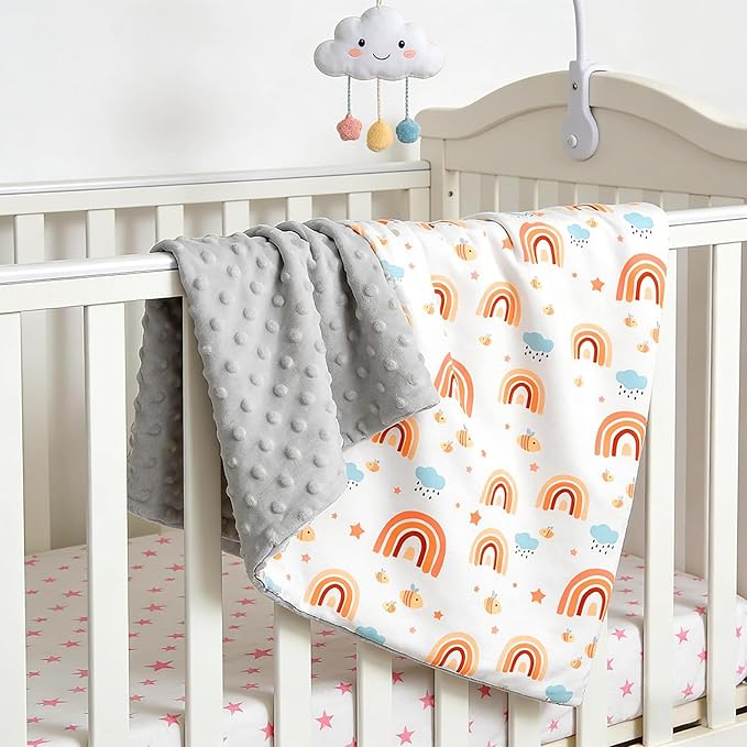 Rainbow Baby Blanket for Unisex Boys Girls, 29.5'' x 39.3'' Soft Plush Minky Blanket with Double Layer Dotted Backing for Newborn Toddler Nursery Crib Stroller Car Seat