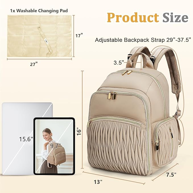 Miss Fong Diaper Bag Backpack - Quilted Travel Baby Bag with Changing Pad, 16 Pockets, Waterproof, Large Capacity - Mommy Backpack for Baby Shower Gifts (Khaki)