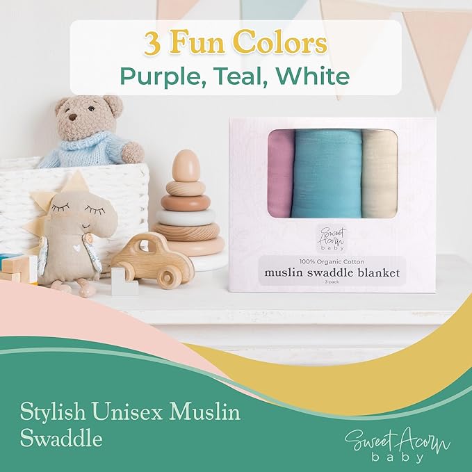 Muslin Swaddle Blanket ??Soft Cotton Muslin Baby Blanket for Newborns, Infants, and Toddlers, All-Season Comfort Baby Essential - Purple, Teal, White