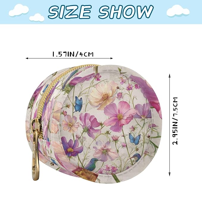 Pacifier Holder with Clip Pacifier Case for Diaper Bag Round Baby Pacifier Pouch Box Bag Portable Spring Wildflower Hummingbirds Beige