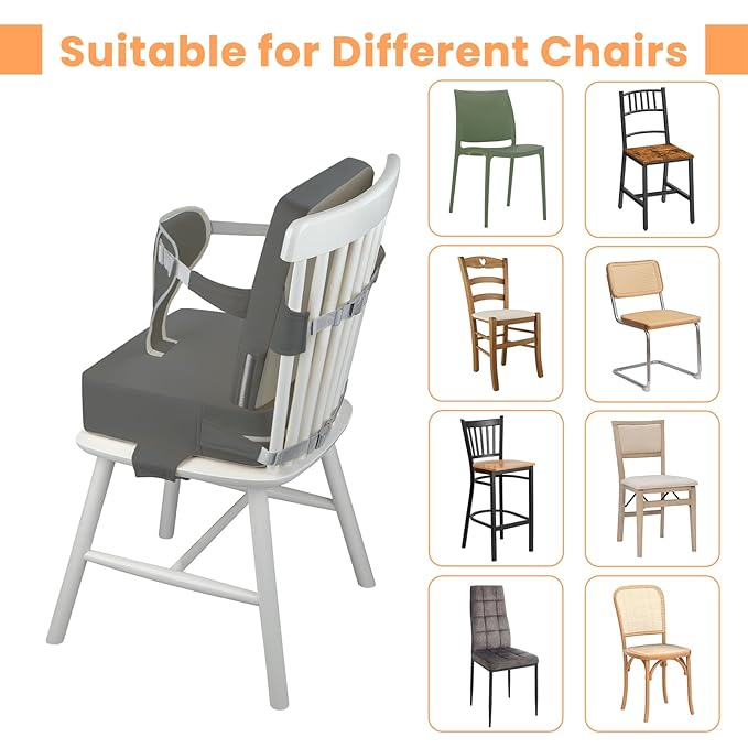 Toddler Booster Seat for Dining Table with Adjustable Straps, Kids Booster Seat for Kitchen Chair with Non-Slip Bottom, PU Anti-Scratch Portable Detachable Increasing Cushion (Dark Grey)