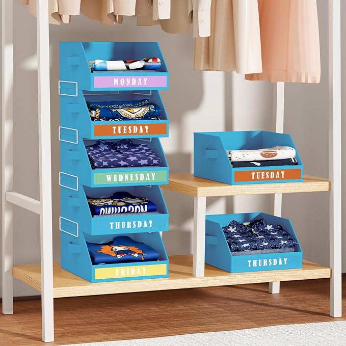 DIMJ Closet Organizers Storage Bins - Clothes Organizer Kids with Weekly Labels & Frame, Stackable Basket Organization, Foldable Shelf Storage Container for Wardrobe Bedroom