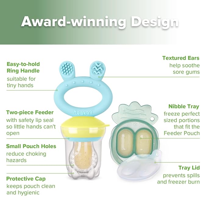 Haakaa Baby Fruit Food Feeder & Mini Freezer Nibble Tray Combo, Breastmilk Popsicle Molds for Baby Cooling Relief, BPA Free Silicone Feeder for Safe Infant Self Feeding, 4 Month+ (Blue)