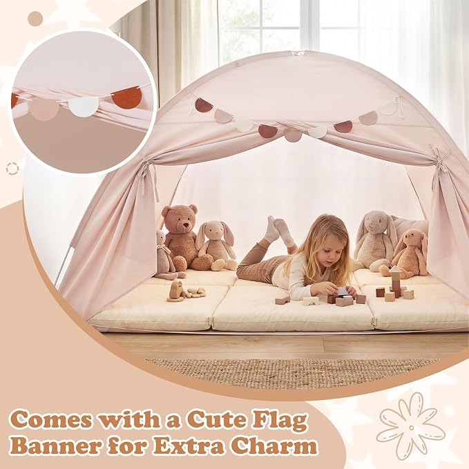 Costzon Toddler Bed Tent, Twin Size Indoor Canopy Tent for Kids w/ 2 Windows, Flag Banner, Brushed Fabric Privacy Playhouse, Portable Play Tent for Bunk Bed, Playroom, Suits 3+ Boys & Girls (Beige)