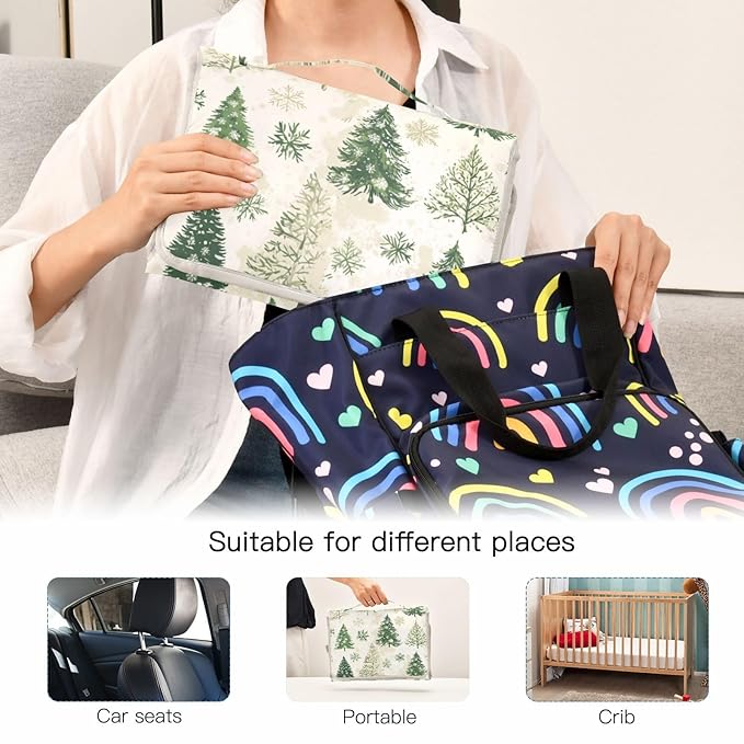 Portable Diaper Changing Pad Travel Baby Changing Mat Waterproof Diaper Changing Mat Foldable Lightweight Baby Changer with Built-in Pillow Tree Green Christmas