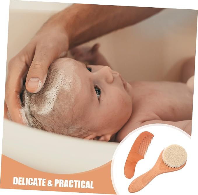 Kisangel 3sets Wool Hair Brush and Comb Newborns Gentle Bathing Brush Ergonomic Handle Comb and Round Wool Cradle Cap Care and Scalp Cleaning