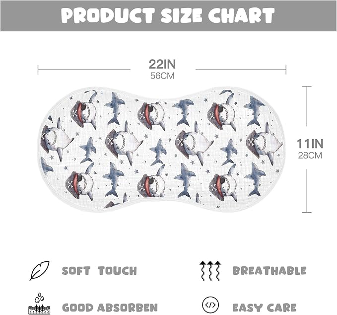 vvfelixl Muslin Burp Cloths Cartoon Shark Pirate Baby Washcloths for Baby Girl Boys 2 Pack