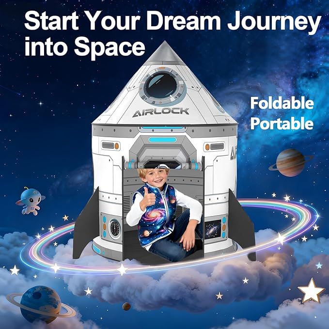 3Pcs Kids Rocket Play Tent for Boys: Pop Up Toddlers Spaceship Playhouse with Baby Crawl Tunnel, Ball Pit and Castle Tent - Children Game Tent Toys Indoor and Outdoor for Birthday