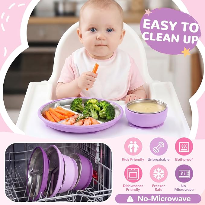 Havawish 4 Pcs Stainless Steel Baby Plate and Bowl with Suction, 8.3" Kid Divided Plate 4" Toddler Bowl with Removable Silicone, BPA-free Non-slip Baby Feed Set Dishwasher Safe for Boy Girl (Purple)