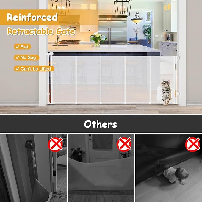 Reinforced 90” Extra Wide Retractable Baby Gate with Cat Door 33 Inch Tall Retractable Gates for Dogs Indoor with Door 7.5 Ft Extra Long Baby Gates for Large Openings Mesh Pet Gate Indoor, White
