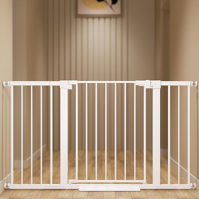 29-54 inches Extra Wide Metal Baby Gate for Stairs/Doorways, 30 inches Tall Pressure Mounted Pet Gates, Auto-Close Child Safety Gate, No Drilling Easy Walk-Through Dog Gate Indoor, White