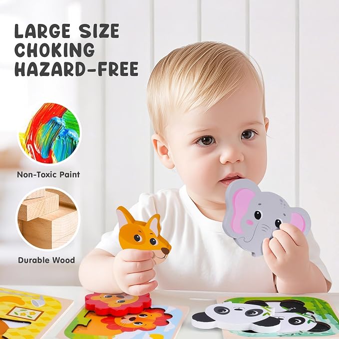 AuntyFey Wooden Puzzle for 1-3 Year Olds, 9 Pcs Baby Animal Montessori Puzzle, Ages 2-4, Learning Educational Toy