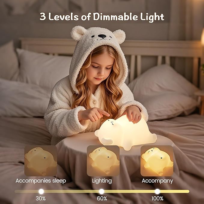 Sleepy Snoring Bear Night Light,Novelty Nursery Nightlight for Kids, Dimmable/Timer/Rechargeable USB-C, Food-Grade Silicone LED Squishy Animal Bedside Lamp,Funny Gifts for Boys Girls Baby,Room Decor