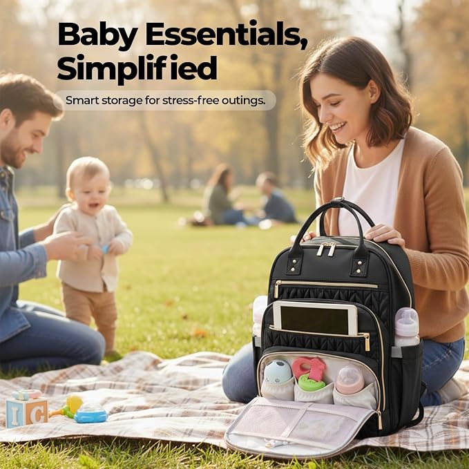Jubily Diaper Bag Backpack, 30L Travel Backpack for Women, Waterproof Bag with 5 Compartments, 20 Pockets, Laptop & iPad Slots, Portable Changing Pad, Baby Essentials Organizer (Black)