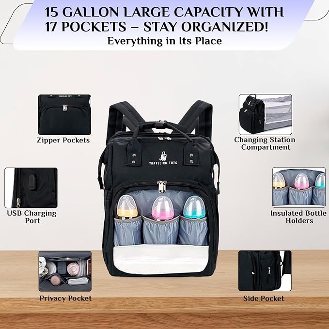 Diaper Bag Backpack, Waterproof Multifunctional Baby Diaper Bag w/Changing Station for Boys & Girls, USB Charging Port, Large Capacity Travel Baby Bag for Mom Dad w/Insulated Bottle, Black