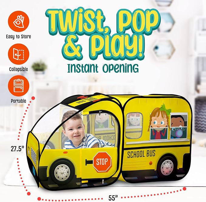 School Bus Pop-Up Kids Tent with Sound Play Button, Ball Pit for Toddler & Up - Easy Setup Tent for Indoor & Outdoor, Daycare Playground Activities & Pretend Play, Great for Kids