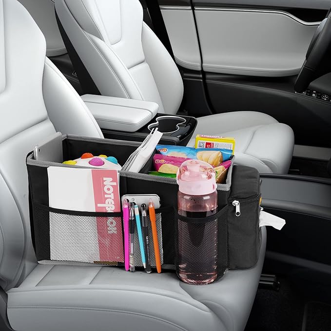 Car Seat Organizer - Backseat Car Organizer with Cup Holders, Car Storage Organization for Front Back Passenger Seat, Road Trip Essentials Kids for Travel Car Accessories, Black