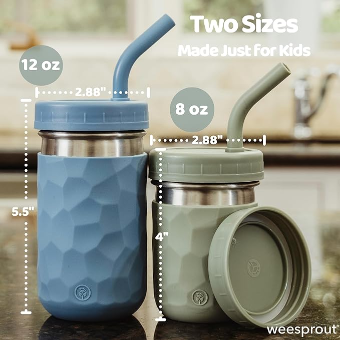WeeSprout 2-in-1 Drinking Cups for Kids, Durable Stainless Steel Tumbler for Smoothies, Silicone Straws with Stoppers, Premium Plastic Twist Lids, Easy-Grip Sleeves, Set of 4 Dishwasher Safe Kid Cups