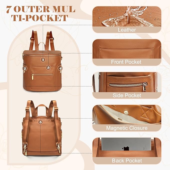miss fong Diaper Bag Backpack Baby Diaper Bag, Large Leather Diaper Bag Backpack with Changing Pad,Pañaleras Para Bebe for Moms, Stroller Straps, and 2 Insulated Pockets(Convertible, Brown)