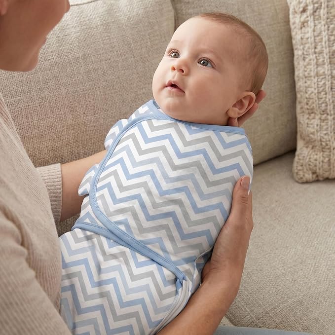 GLLQUEN BABY Swaddles for Newborns with Zipper Smooth & Gentle Wear, Baby Boy Swaddles 0-3 Months, Reduce Startle Reflex Womb-Like Sleep Sack Wrap Blankets Chevron & Baby Blue Elephant