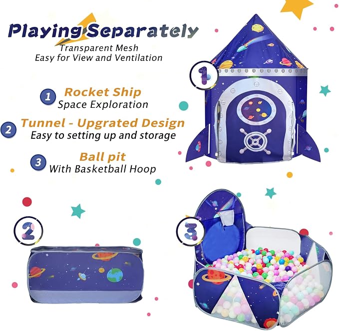 Gift 3pc Rocket Ship Kids Play Tent, Ball Pit, Crawl Tunnel, Toddlers Playhouse Castle Toys, Baby Boys Girls Gift for 3 4 5 6 7 Year Old, Outdoor Indoor(Balls Not Included)