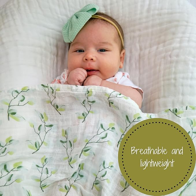 LollyBanks Muslin Swaddle Blankets for Girls, Large 47 x 47 Inches Soft Swaddles for Newborns, Breathable and Lightweight 100% Cotton Baby Blanket, Baby Essentials, Registry (Eucalyptus Print)
