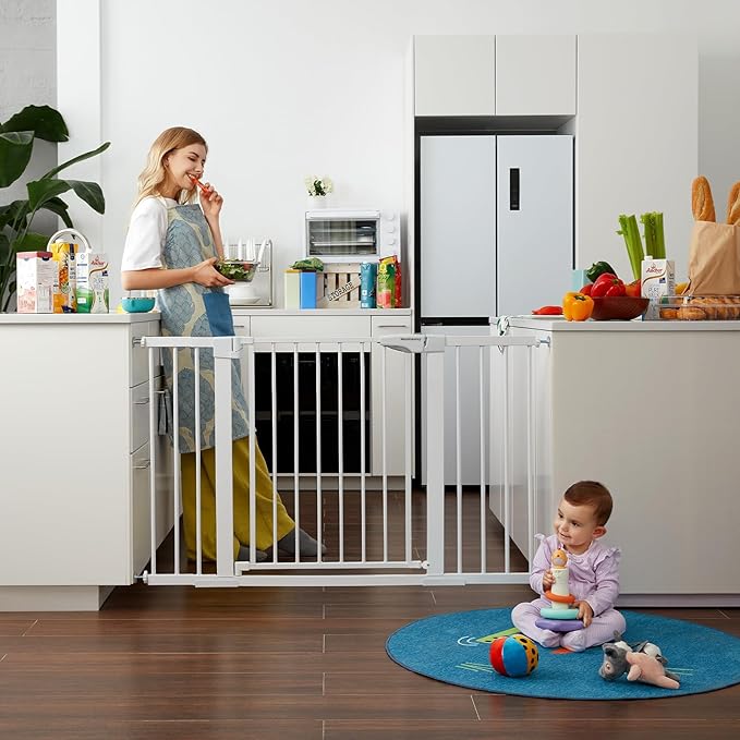 Mumeasy Baby Gate Extra Wide, 29.5"- 51.5" Pressure Mounted Dog Gate with Walk Through Door, Auto Close Pet Gate for Stairs,Doorways,House