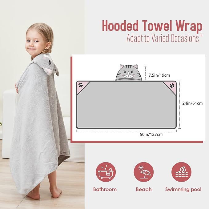 Style Quarters 100% Cotton Kids Hooded Bath Towel with Embroidery - Large 50"x24" Soft Terry Toddler Beach Towel, Cartoon Cat Hooded Towel for Boys & Girls (Grey Cat)