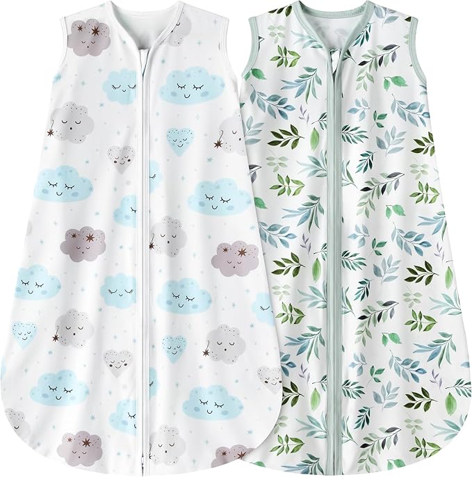 BSTOPPT Newborn Sleep Sack Baby Swaddle,0-12 Months,3-Way Adjustable Wearable Blanket,Swaddling Sleeping Bag (Leaf&Clouds, 6-12 Months)