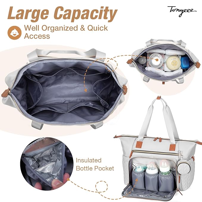 Diaper Bag Tote, Large Diaper Bags Waterproof, Hospital Bag for Labor Delivery, Baby Bag with Pacifier Case, Travel Diaper Tote with Changing Pad, Grey