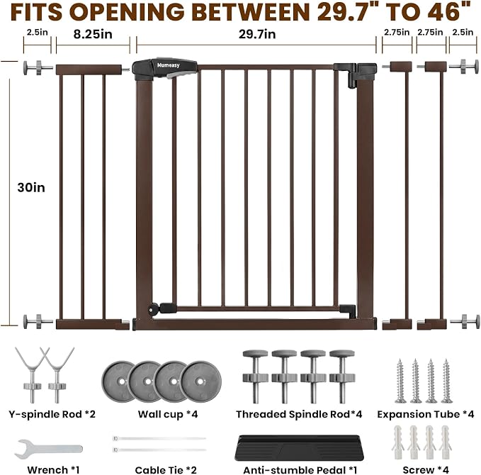 Mumeasy 29.7-46" Baby Gate for Stairs, Pressure Mounted Dog Gate for Doorways, Auto Close Walk Through Pet Gate Indoor, Extra Wide Metal Child Safety Gate, Mom's Choice Awards Winner, Brown