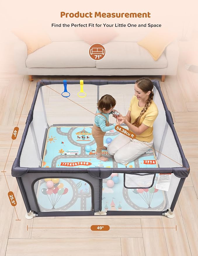 Dripex Baby Playpen with Mat ??47"x47" Small Play Yard for Babies 6-12 Months, Breathable Mesh & Waterproof Non-Slip Pad, Indoor/Outdoor Baby Fence, Grey