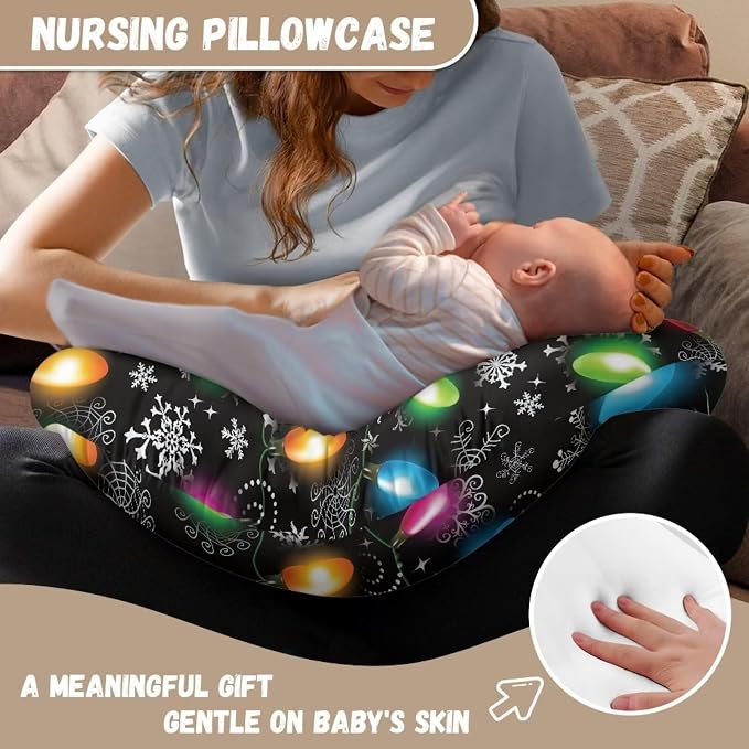 Christmas Colorful Lights Snowflake Nursing Pillow Slipcover Comfortable Skin-Friendly Fabric Nursing Pillow Replacement Cover Removable Bottle or Breastfeeding Pillowcase for Boys & Girls