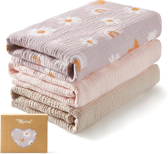 TILLYOU 3 Pack Muslin Swaddles for Newborns Baby Blankets for Girls Boys Cotton Swaddle Blankets 47"x47", Pink Butterfly