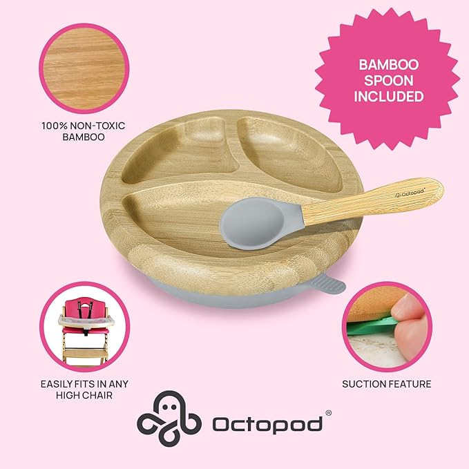 Abiie Octopod Bamboo Dish - Kids Plates for 4 months and up, 3-Compartment Baby Plates with Suction, Round Bamboo Baby Plate, Mess-Free Toddler Suction Plates, Baby Feeding Supplies, 7.5 x 7.5 x 1.9in