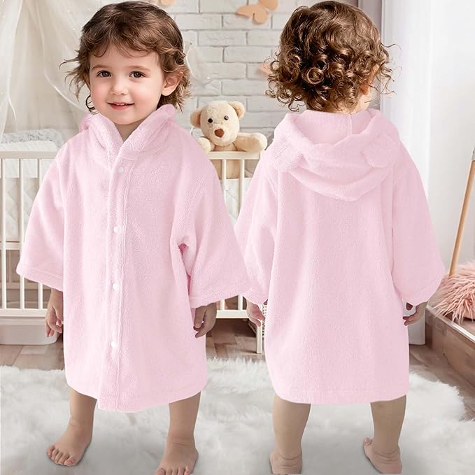 VOOVA & MOVAS Pink Toddler Hooded Towel with Bear Ear | 100% Cotton, Ultra-Soft & Absorbent Baby Bath Robe | Gentle for Sensitive Skin, Lightweight for Bath, Pool & Beach, 0-24Months