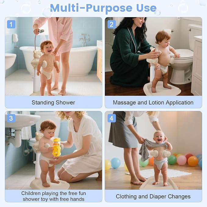 2-in-1 Adjustable Baby Shower Support Set Bear Design with Little Toy Duck | Bathroom Safety Standing Infant Shower Chair & Bather Station | Portable Non-Slip Bathing Stand for 6-48 Months