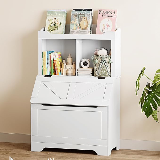 Spacious 3-tier Wooden Kids Bookcase and Toy Storage Organizer with Flip-Top Lid, Versatile Design for Playroom, Bedroom, Nursery, and Kindergarten - Child-Friendly Toy Chest Organizer