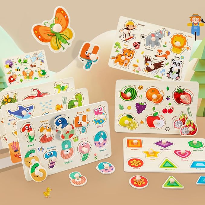 8Pcs Wooden Puzzle for Toddler 1-3, Rectangle Peg Puzzles for Toddler 2-4, Montessori Learning Toys with Animals, Dinosaur, Fruits & More, Preschool Puzzle Set Educational Toys Toddler Gifts