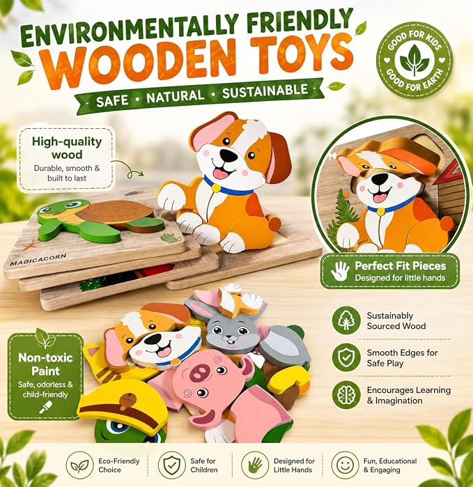 MAGICACORN Wooden Animal Puzzles for Toddlers – Montessori Educational Learning Toys for Preschoolers, Farm Animal Jigsaw Puzzle Set, Safe & Durable Gift for Boys & Girls, Christmas Birthday Present