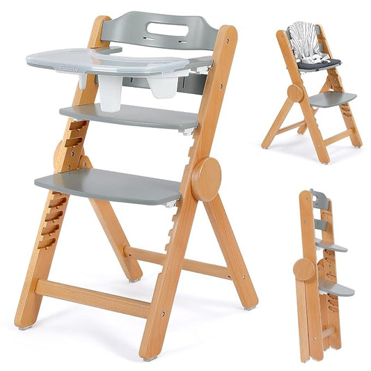 Ezebaby Wooden High Chair Grow with Your Child, Foldable Baby High Chair with Adjustable Seat and Footrest Heights, High Chair for Babies and Toddlers with Cushion and Large Double Layer Tray(Grey)
