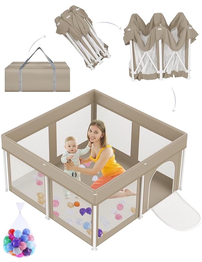 Foldable Baby Playpen 50"×50", Playard for Babies and Toddlers, Portable Safety Baby Fence Lightweight,No Installation, Indoor & Outdoor Playpen with Ocean Balls*50, Beige