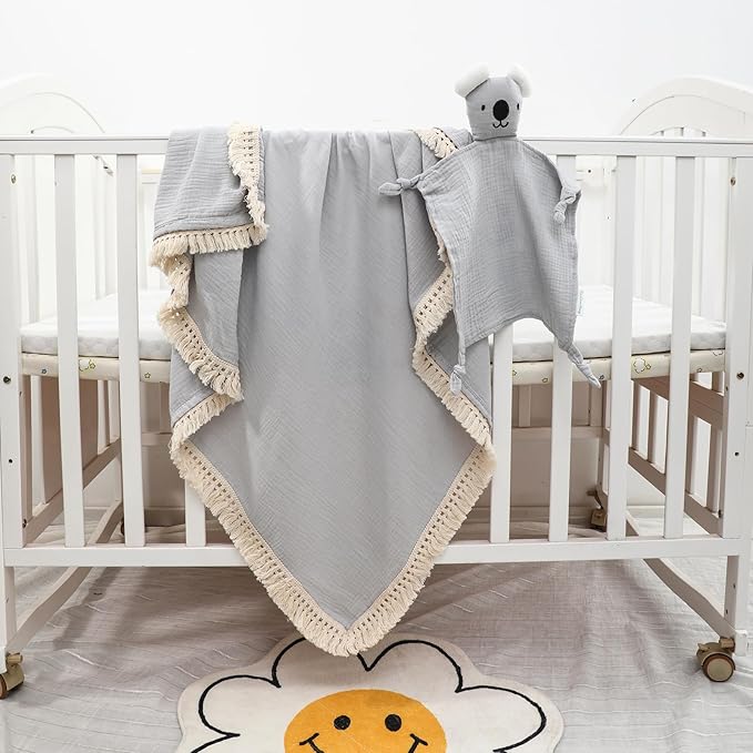 Cotton Muslin Baby Blanket with Tassel,Koala Lovey Security Blanket,Soft Breathable Nursery Decor,Nursing Cover for Newborn Infant Toddler 47"x47" (Grey)
