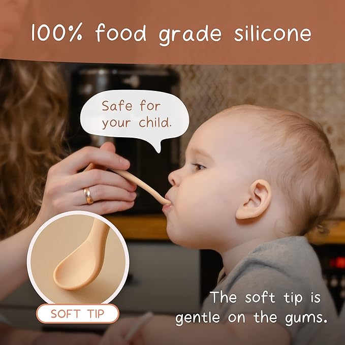 Moonkie Silicone Baby Spoons Set of 4, Toddler Spoons for Self Feeding 6 Months, Two Sizes Feeding Spoons for First Stage 4+ Months, Baby Utensils, Bendable, Chewproof & Boil-proof (Without Case)