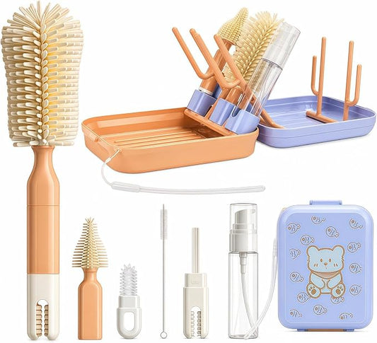 8-in-1 Baby Bottle Cleaning Kit with Drying Rack & Storage Case, Portable Silicone Bottle Brush Set for Bottles, Nipples & Straws, Travel Baby Essentials（Orange）
