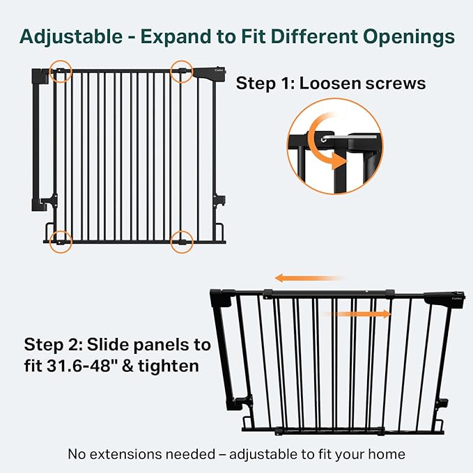 Cumbor 34" Extra Tall No Bottom Bar Baby Gate for Stairs, Hardware Mounted Dog Gate Indoor for Larger Pets, Expandable 31.6-48" Safety Gate for Doorways, Wide Walk Thru Door for Easy Access (Black)
