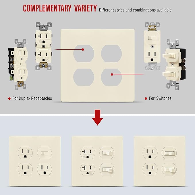 ENERLITES Screwless Duplex Wall Plate, Child Safe Double Receptacle Outlet Cover, Size 2-Gang 4.68" x 4.73", Unbreakable Polycarbonate Thermoplastic, UL Listed, SI8822-LA, Glossy, Light Almond