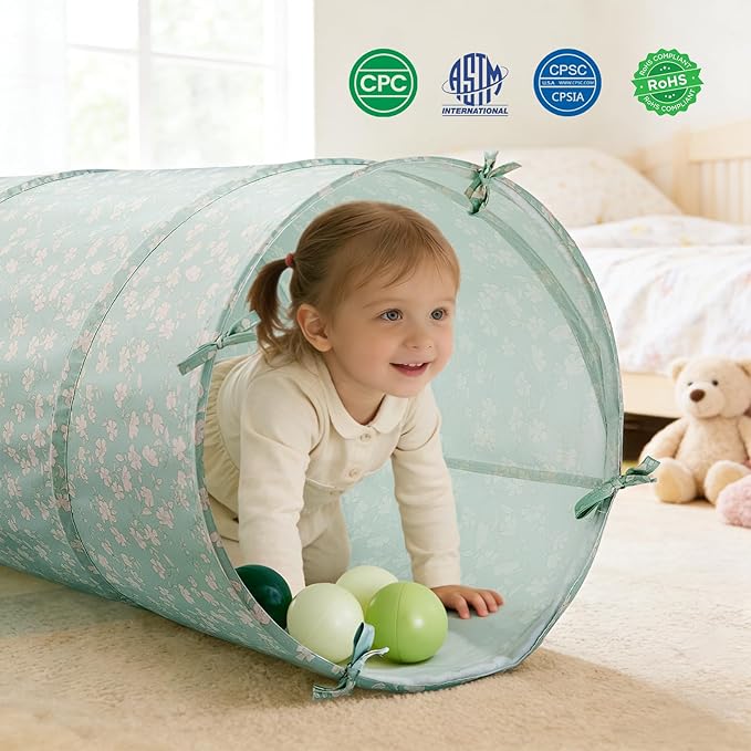 Tiny Land Kids Play Tunnel for Toddlers and Baby, Foldable Pop Up Crawl Tunnel with Storage Bag for Indoor and Outdoor Play, 69 x 18 Inch, Green, Gift for 2 Year Old Girl and Boy
