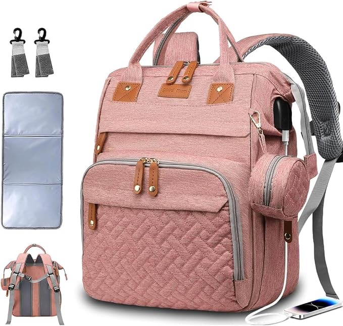 Diaper Bag With Changing Pad, Travel Waterproof Bagpack Diaper Bag For Mom Dad With USB Charging Port, Large Capacity & Multifunctional With Insulated Pacifier Case - Pink