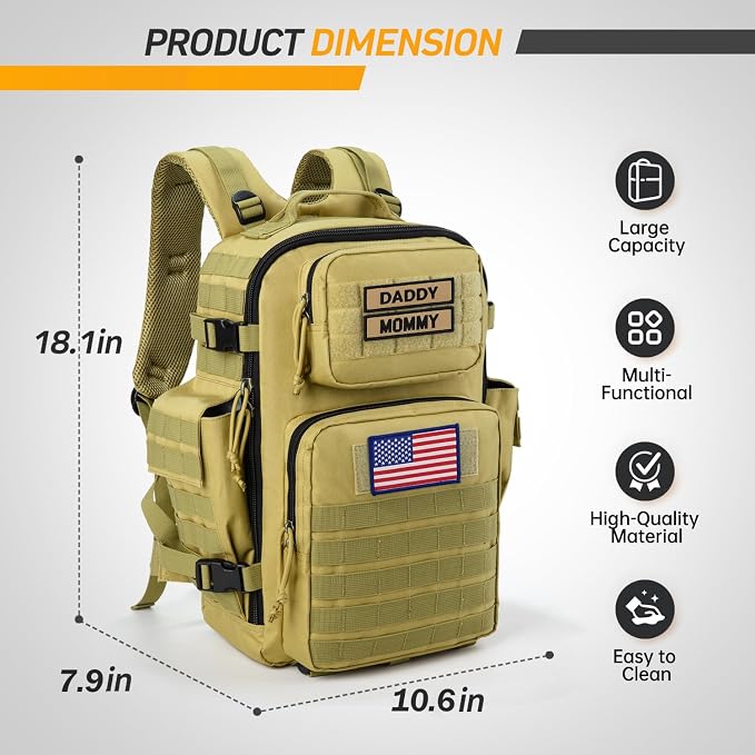 SHARKMOUTH Military Diaper Bag for Dad - Insulated Baby Diaper Backpack with Patches for Hiking Travel Camping - Baby Shower Gifts Tan
